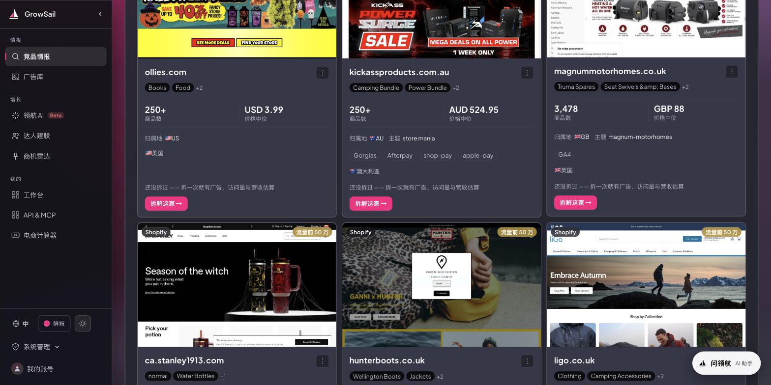 单张店铺卡片：商品数、价格中位、归属地、主题、装的支付与评价 App