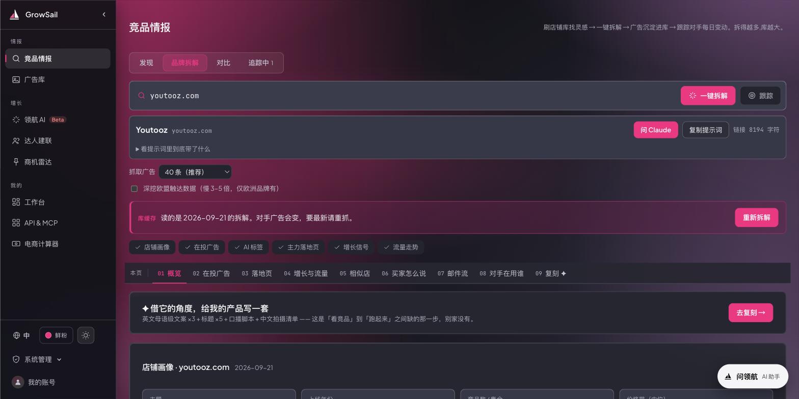 报告首屏：01–09 页内导航、「库缓存」提示与「重新拆解」、✦ 复刻入口