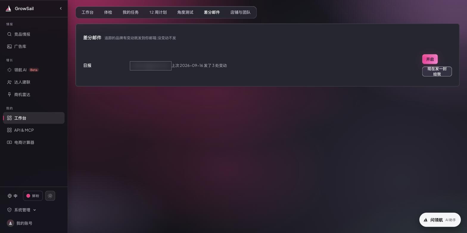 差分邮件页:一个开关、一个邮箱地址、上次发送记录,右侧是「现在发一封给我」(邮箱已打码)